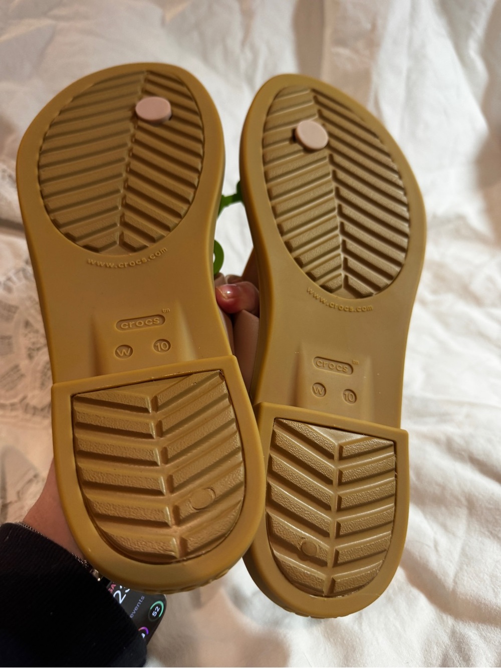2 pairs CROCS Metallic Blush Pink/tan and Black/black Flip Flop Sandals, size 10 - Picture 7 of 10